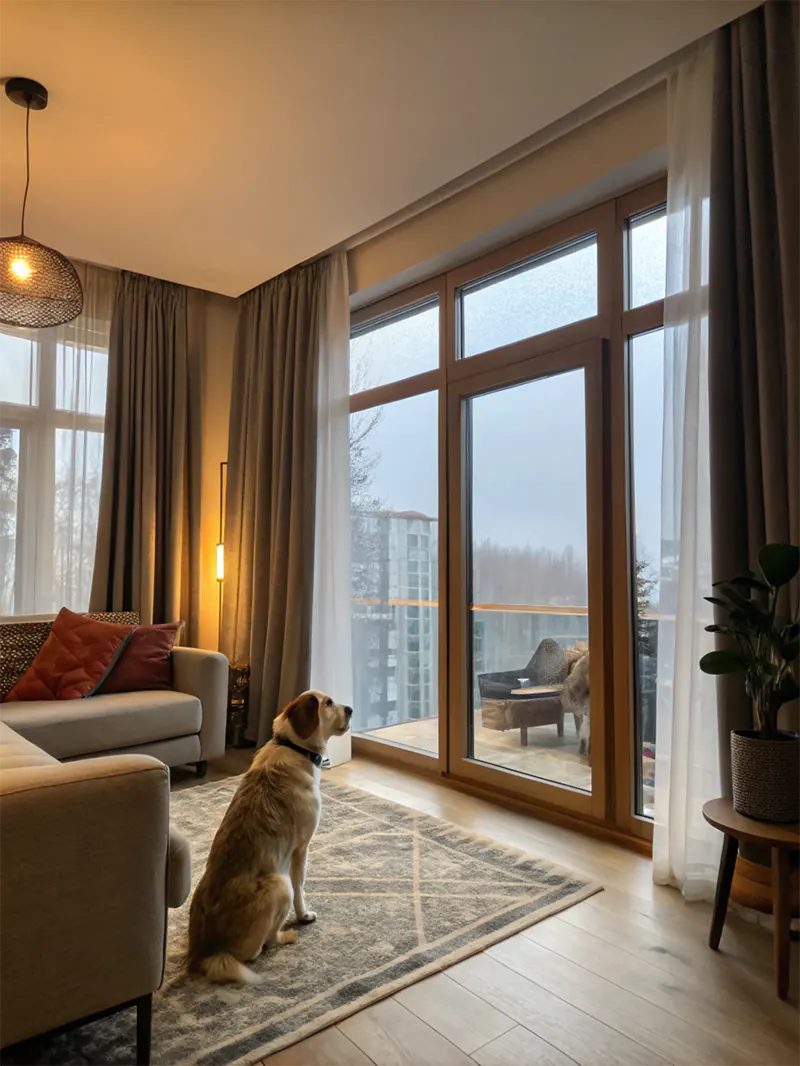 Contactar con Malú Decoración - salón con una gran ventana, cortinas y visillos y un perro